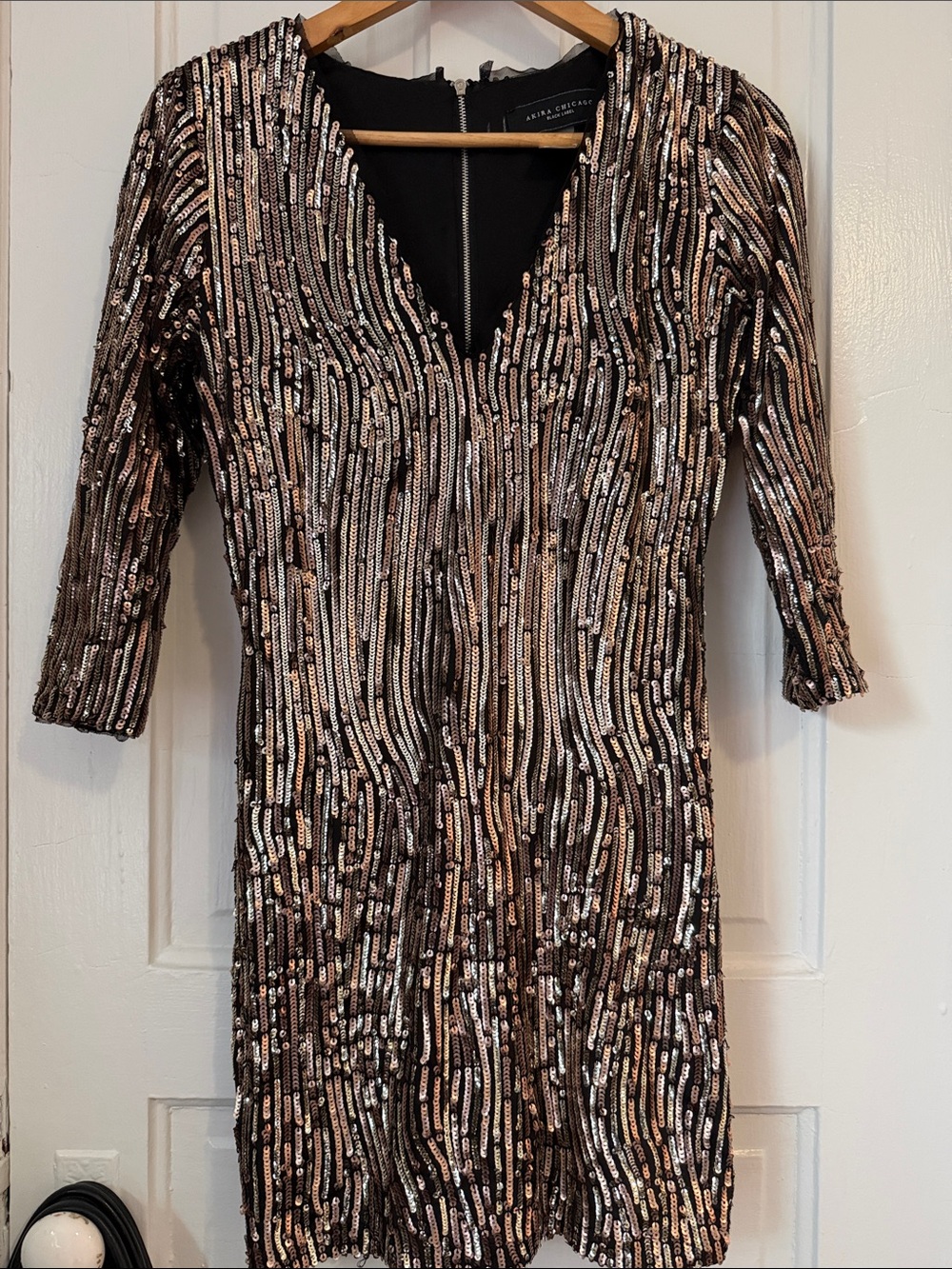 Stunning Gold & Black Sequin V-Neck Long Sleeve Dress with mesh trim